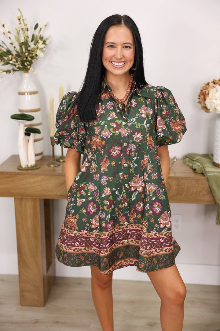Harvest Bloom Dress "DK Green/Mauve"