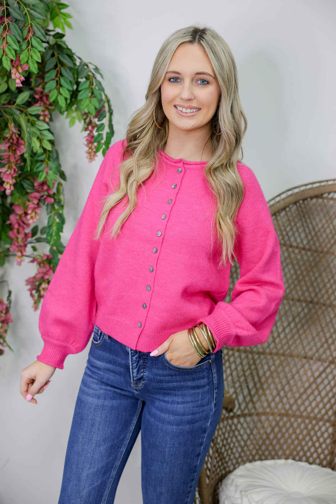 Solid Long Sleeve Sweater Knit Cardigan "Pink"