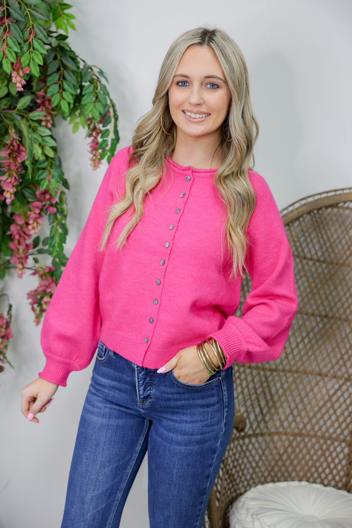 Solid Long Sleeve Sweater Knit Cardigan "Pink"