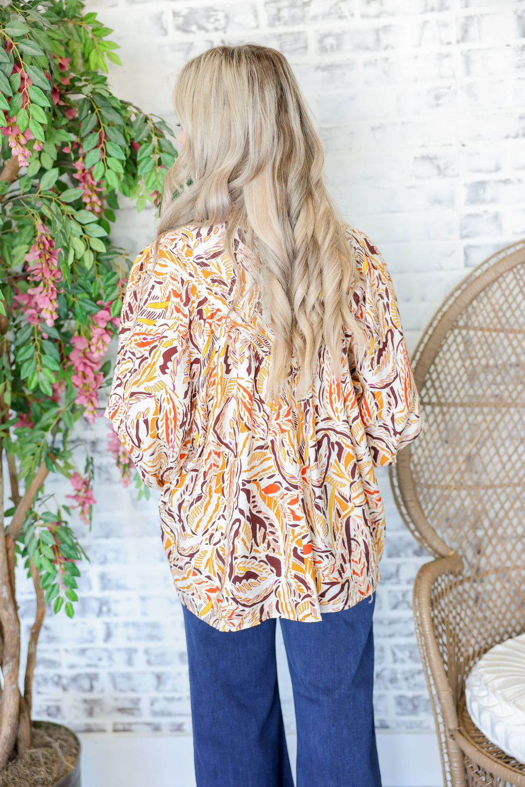 Printed Button Down Long Sleeve Top "Apricot Brown"