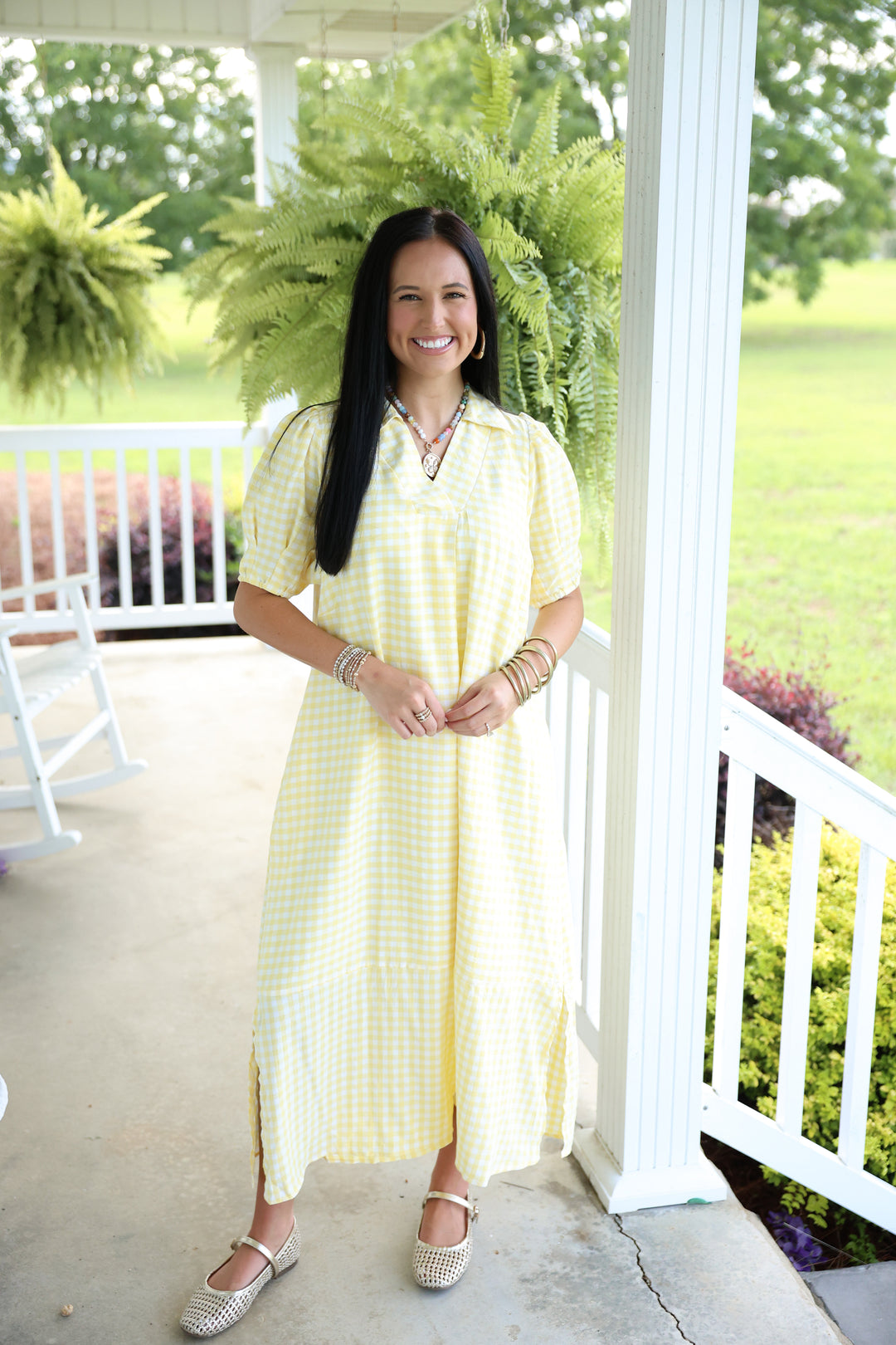 Open Collared Gingham Check Midi Dress "Lemon"