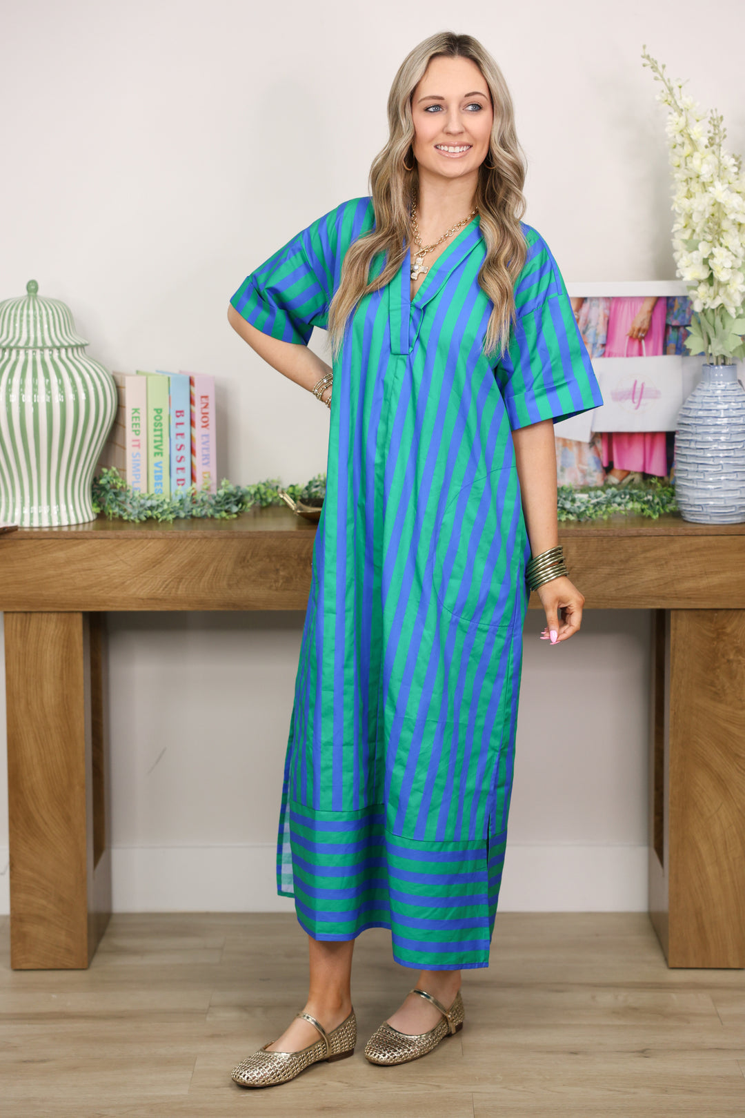 Sunny Side Stripe Midi Dress Green Medium Sunny Side Stripe Midi Dress Green Medium