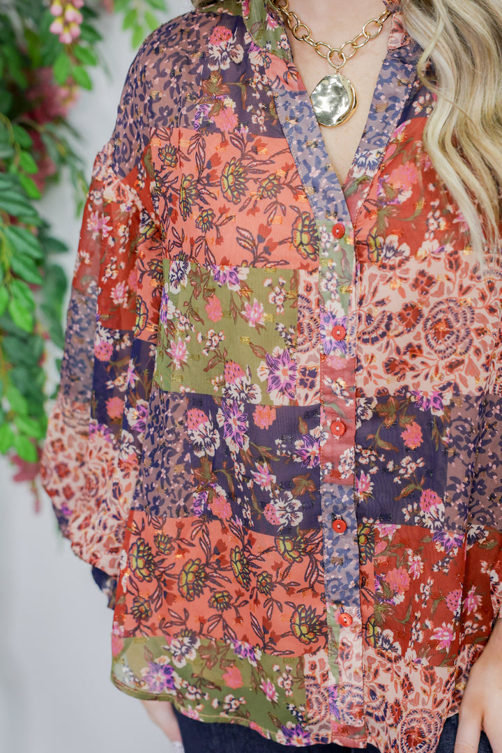 Front Button Closure Ruffled v-Neckline Blouse "Multi"