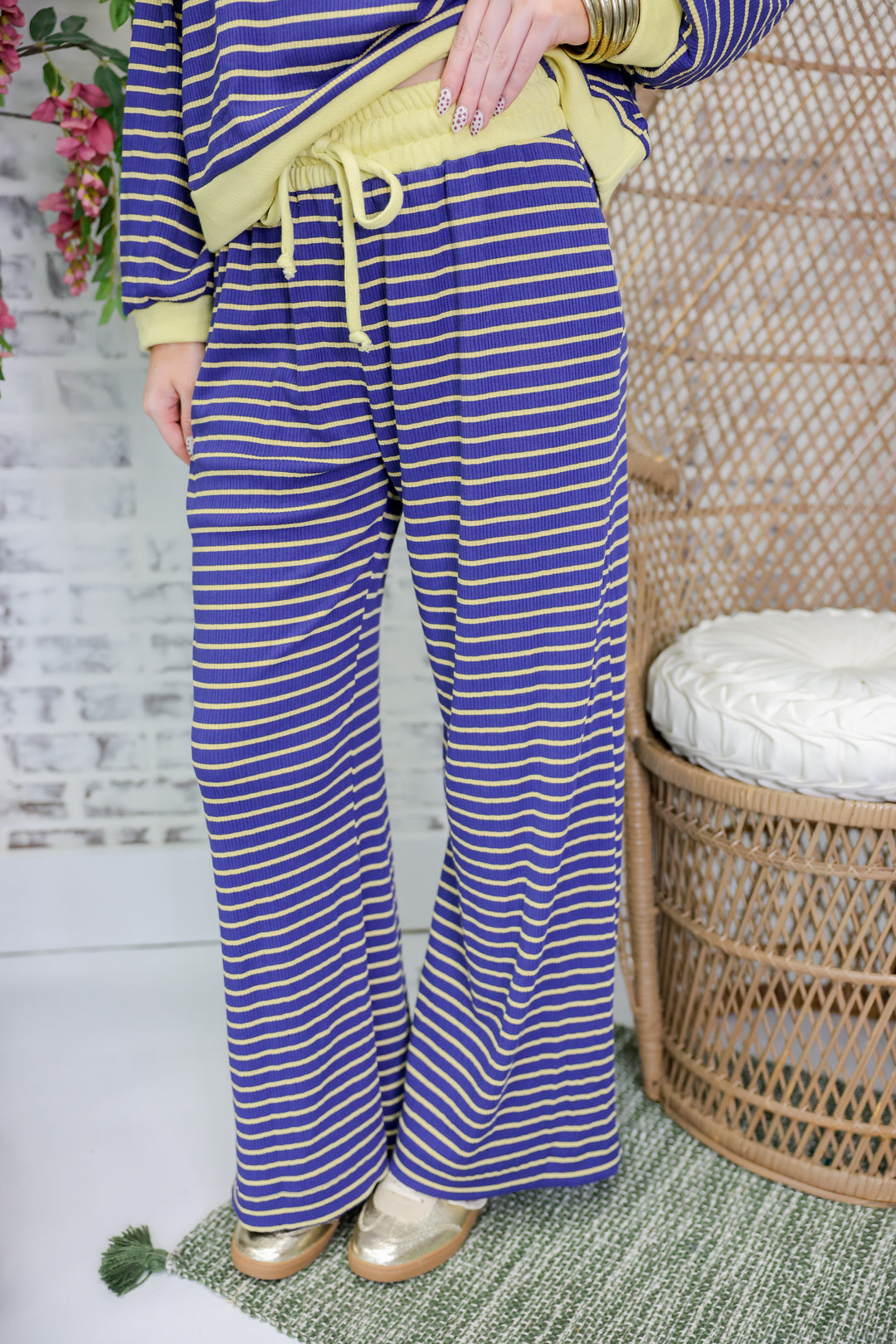Half Zip-Up Stripe Print Pullover Top & Pants Set "Yellow/Navy"