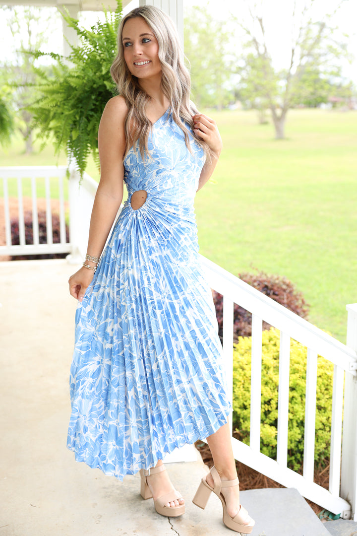 Blue Skies & Blooms Pleated Midi Dress