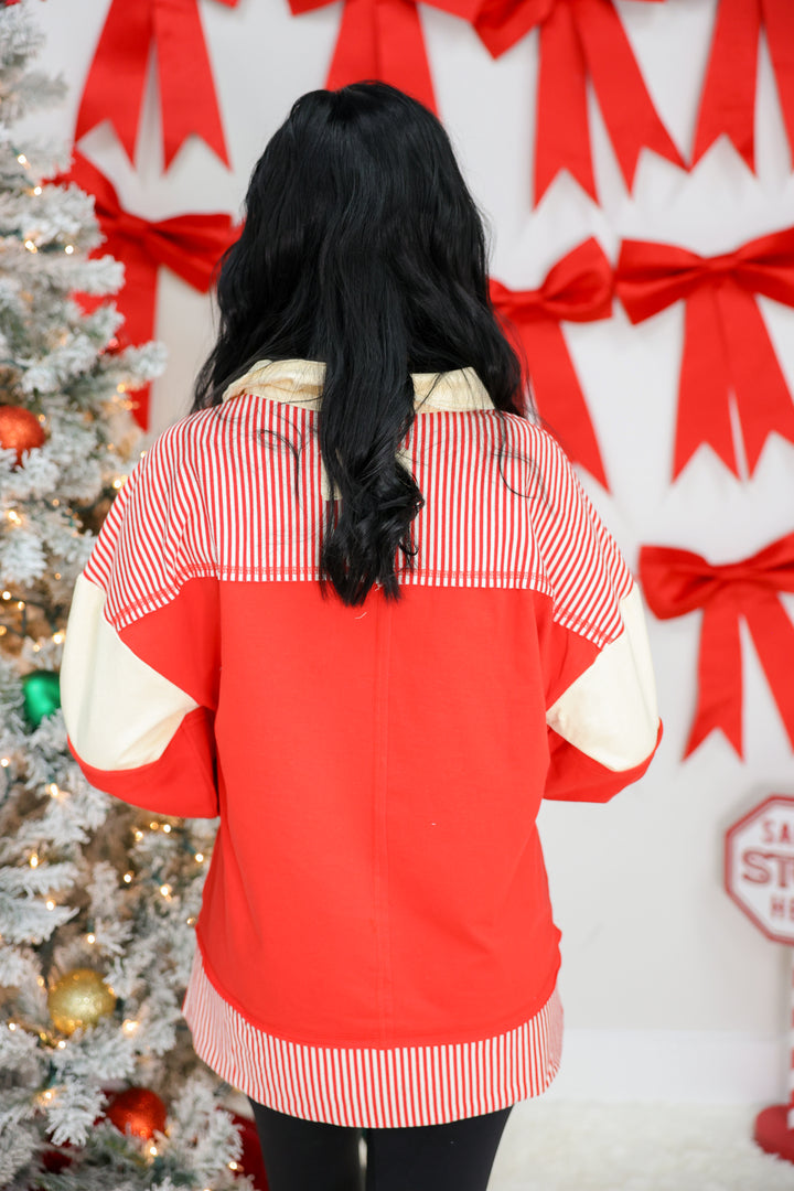 Colorblock Solid & Stripe Casual Knit Top "Red"