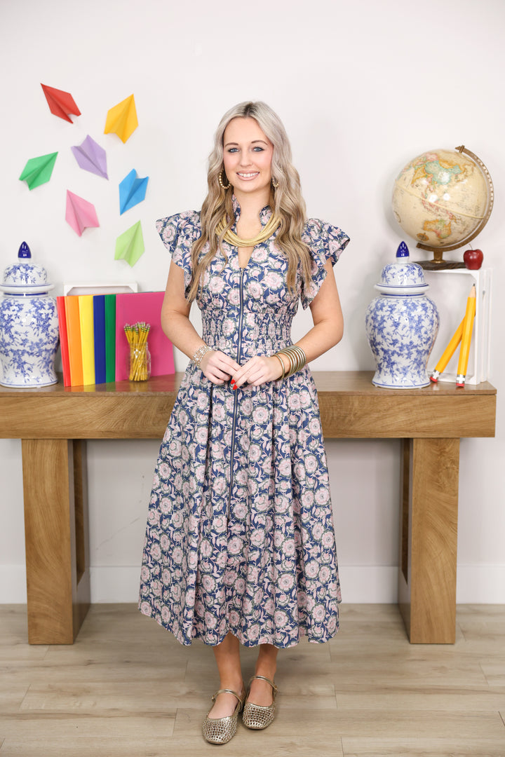 Vintage Petals Midi Dress "Navy"