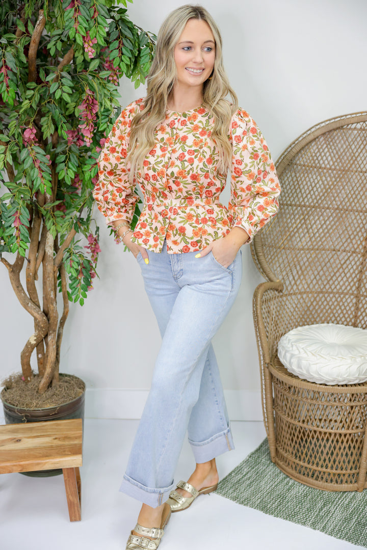 Peach Rust Floral Button Top