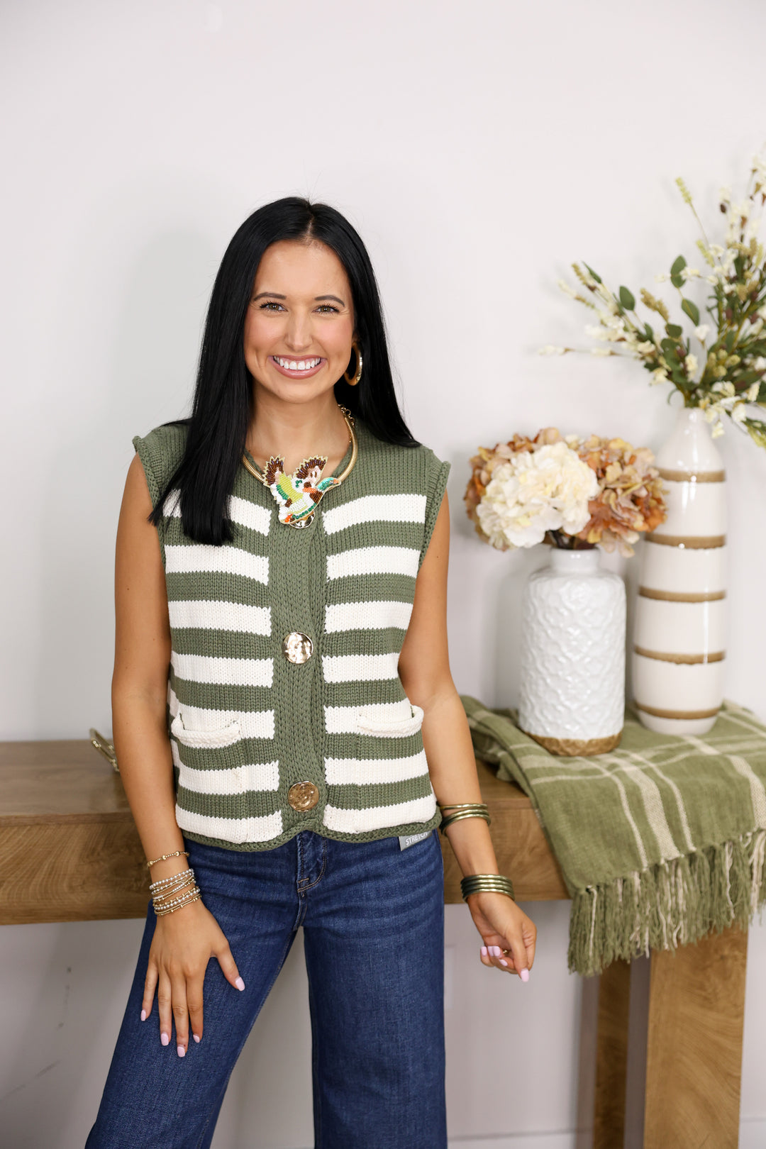 Sleeveless Striped Button Down Knit Vest "Olive"