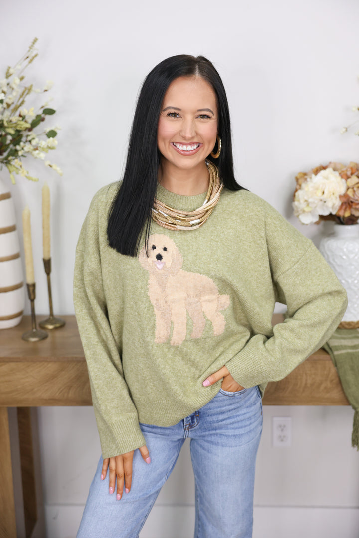 Golden Doodle Dog Graphic Oversized Crew Neck Sweater "Olive"
