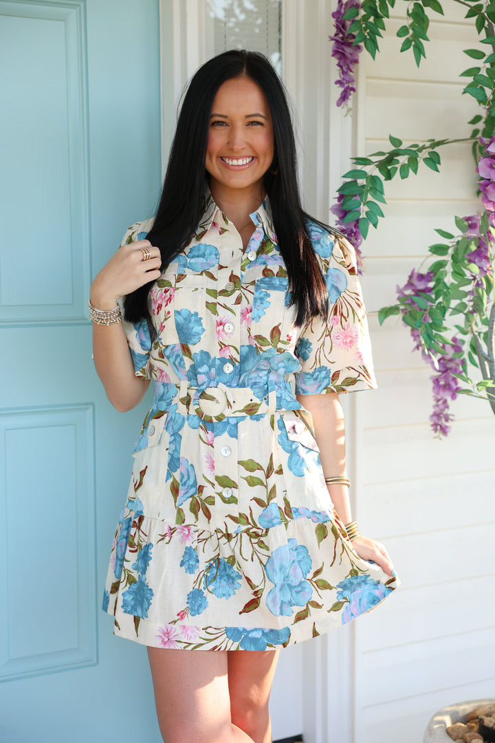 Anika Floral Belt Dress "Natural Multi"
