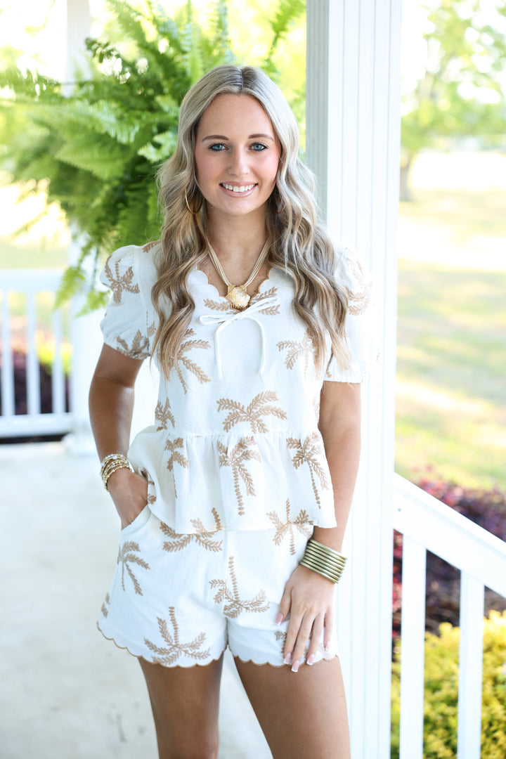 Sun-Kissed Palm Tree Embroidery Top & Shorts Set "Ivory"