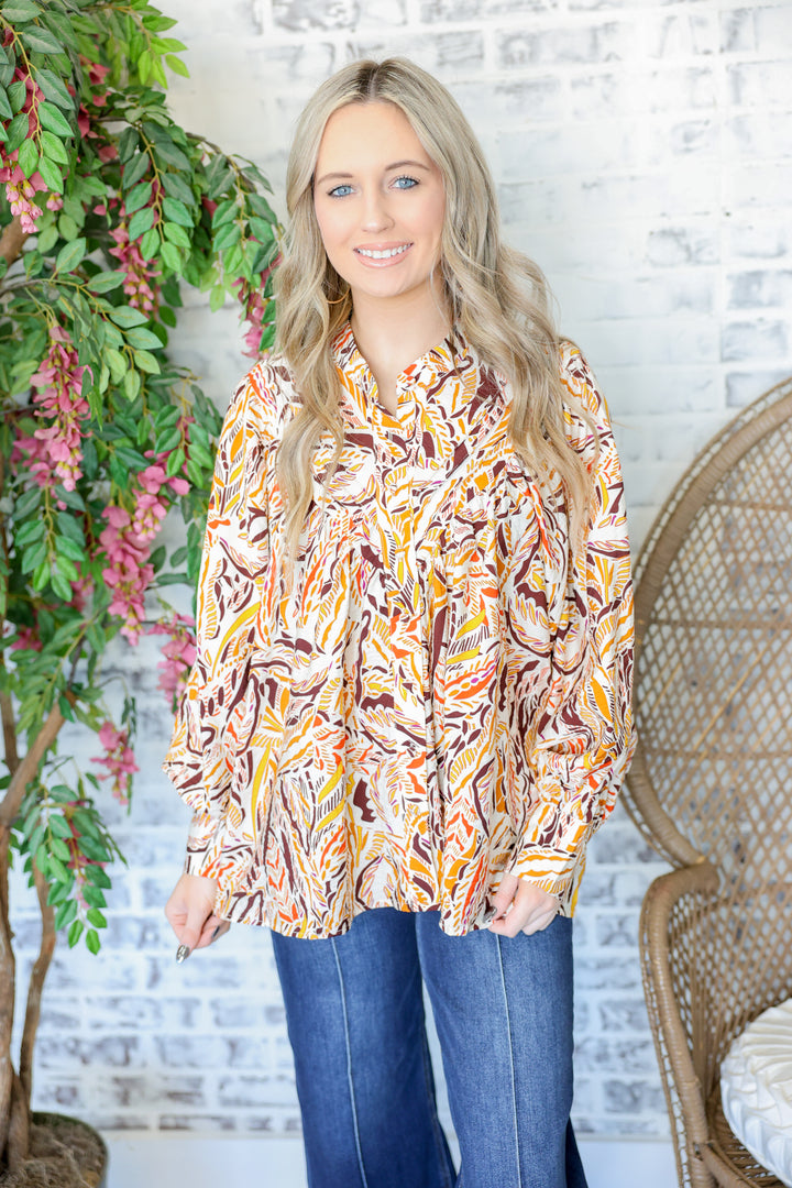 Printed Button Down Long Sleeve Top "Apricot Brown"