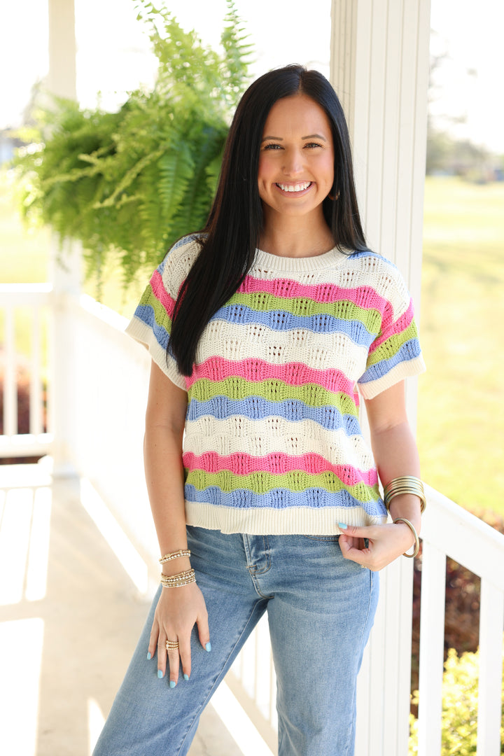 Retro Summer Multi Stripe Textured Crochet Sweater Top