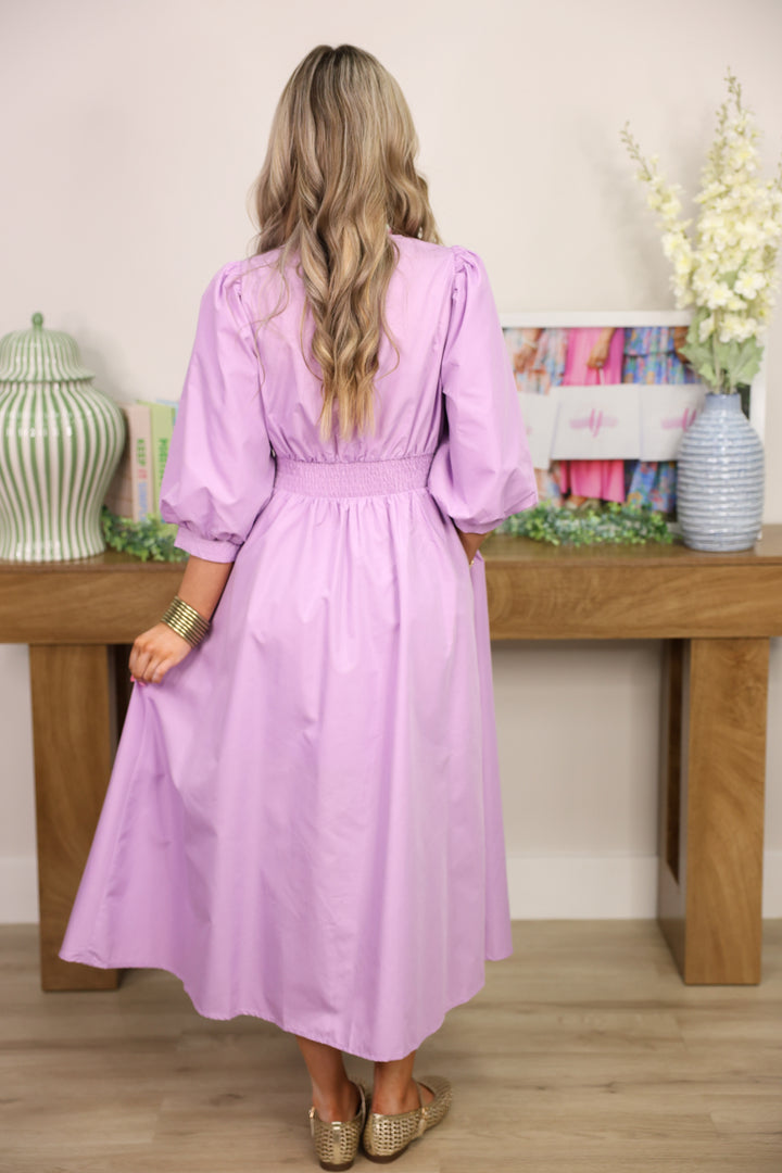 Gracious Solid 3/4 Sleeve Midi Dress "Lavender"