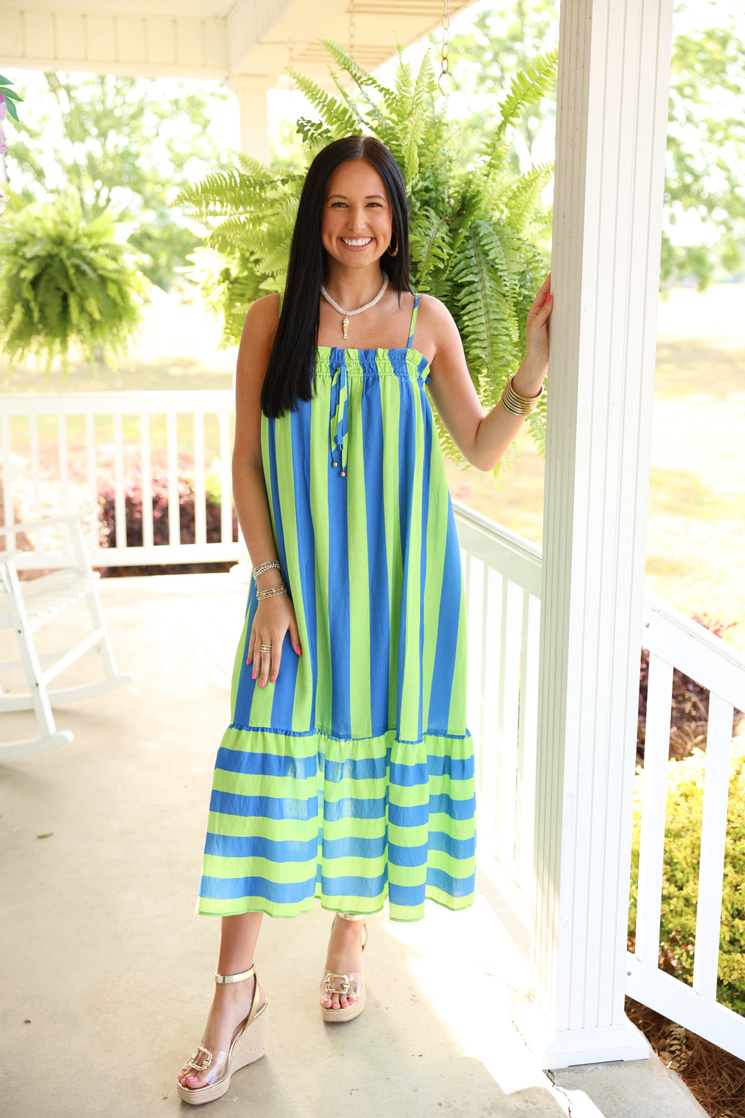 Striped Print Sleeveless Midi Dress "Lime/Blue"