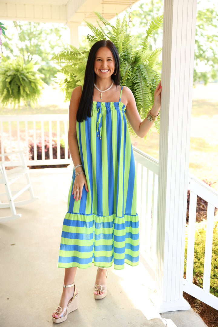 Striped Print Sleeveless Midi Dress "Lime/Blue"