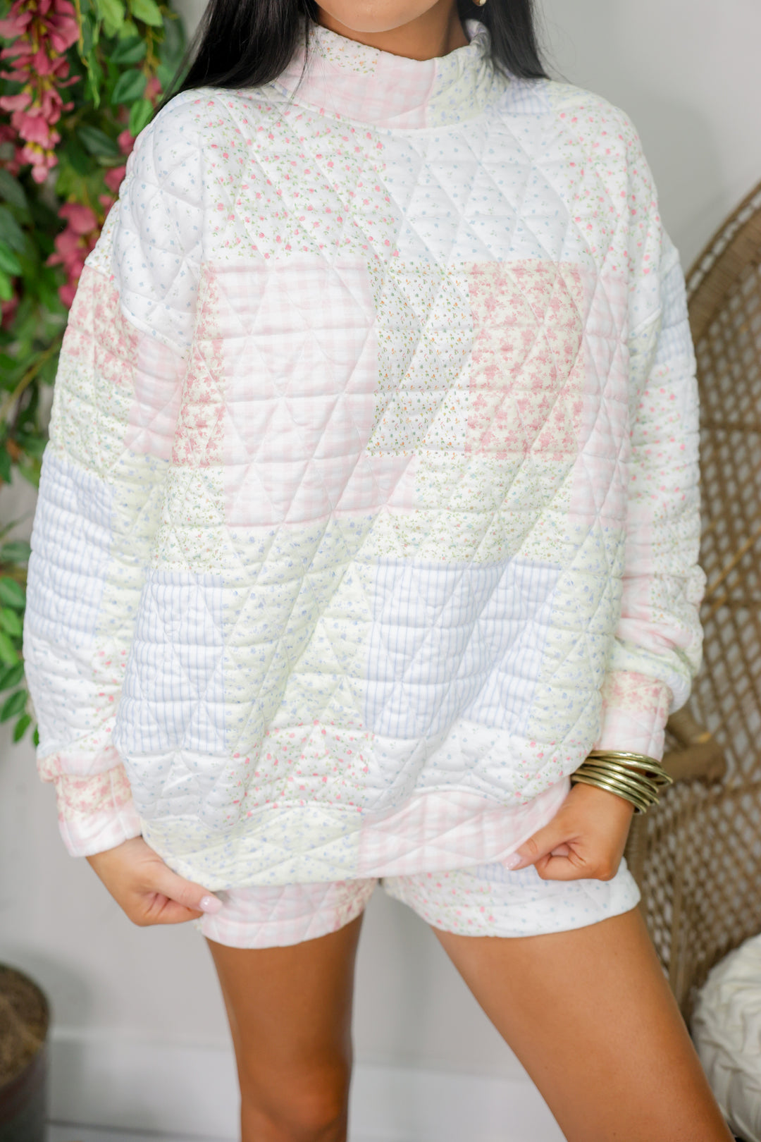 Textured Pastel Floral Oversized Sweatshirt & Short Set