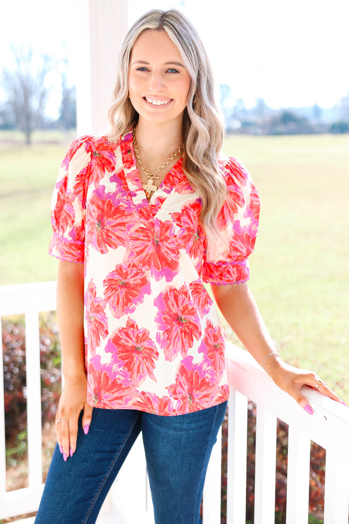 Twirl in Floral Top "Red/Pink"