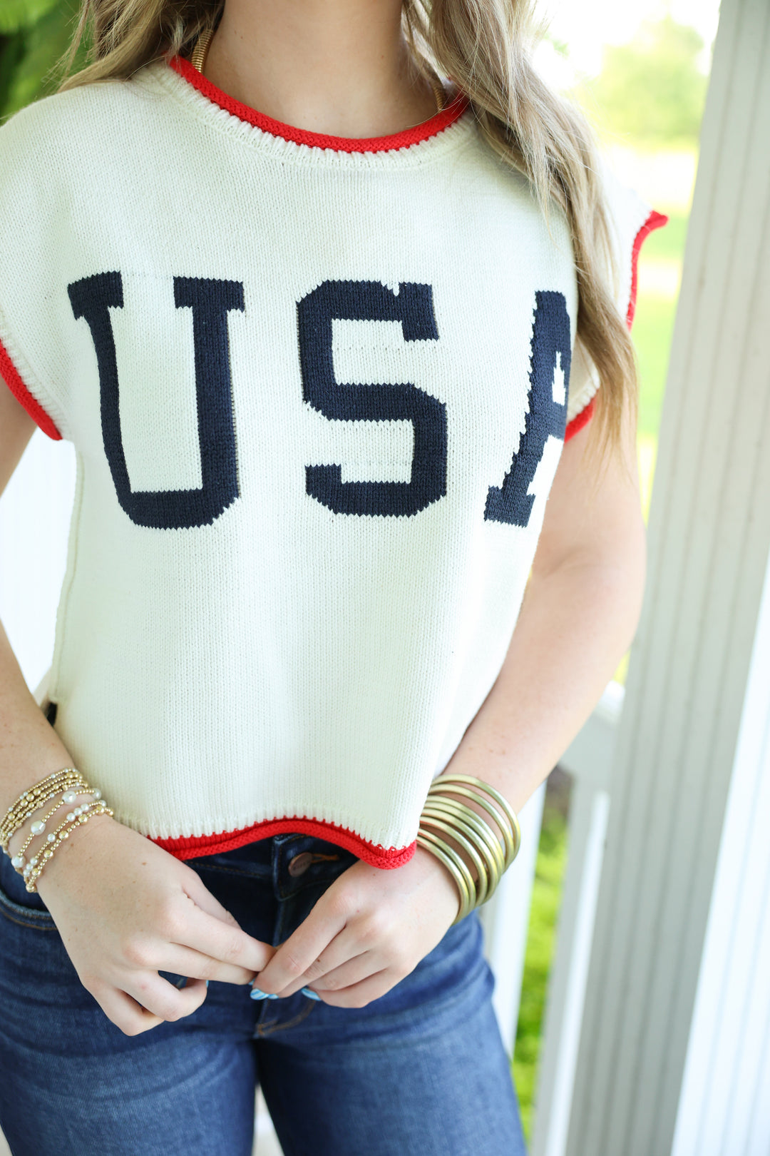 USA Graphic Cap Sleeve Top "Off White"