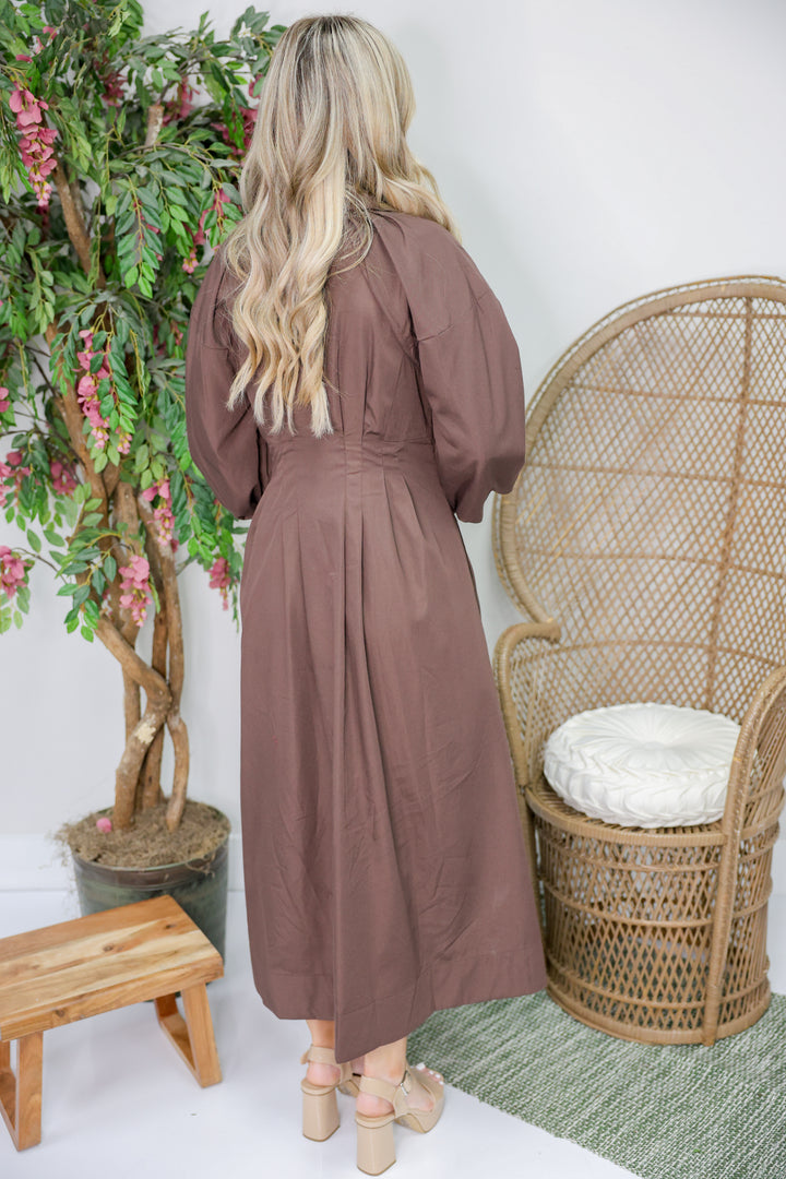 Mary Solid Long Sleeve Midi Dress "Brown"