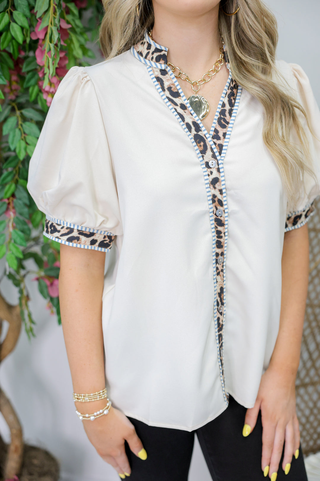 Leopard Trim Top "Ecru"