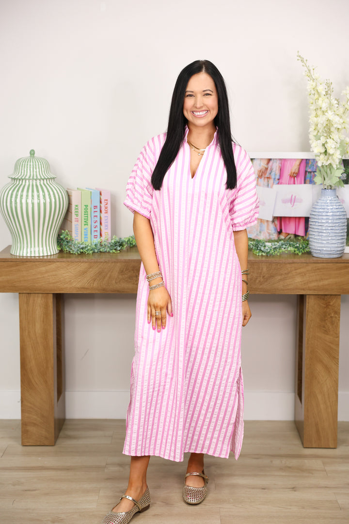 Stripe Textured Midi Dress "Pink"