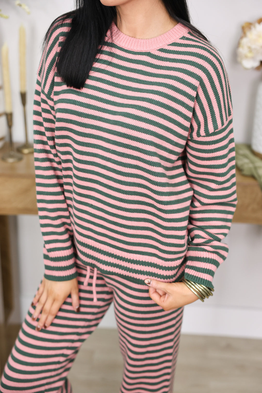 Long sleeve Crew Neck Stripe Sweater & Wide Leg Pants "Green/Pink"