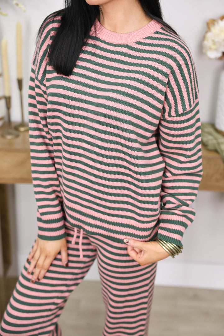 Long sleeve Crew Neck Stripe Sweater & Wide Leg Pants "Green/Pink"