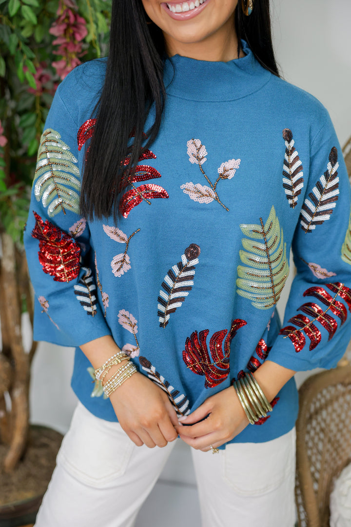 Sequin Embellished Mock Neck Sweater "Teal"