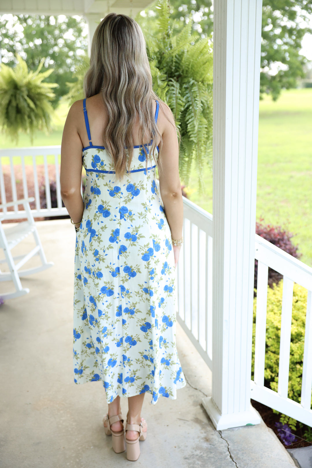 Floral Print Sleeveless Midi Dress "Ivory Blue"