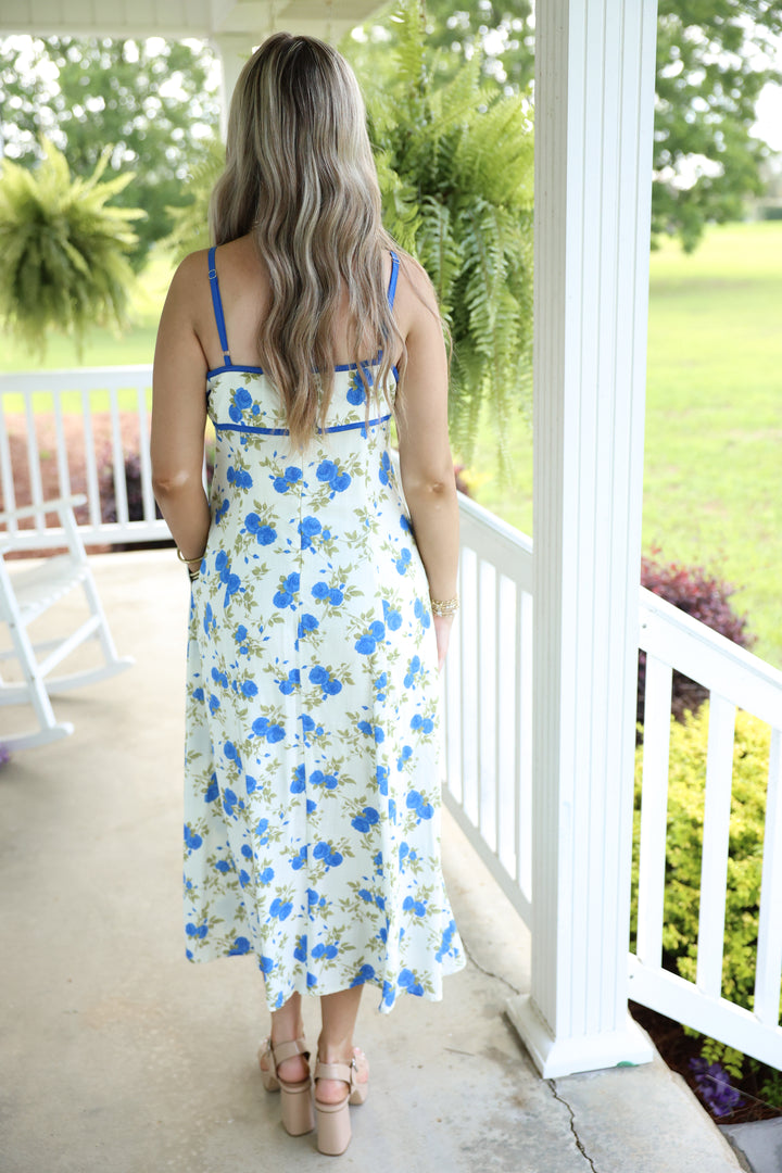 Floral Print Sleeveless Midi Dress "Ivory Blue"