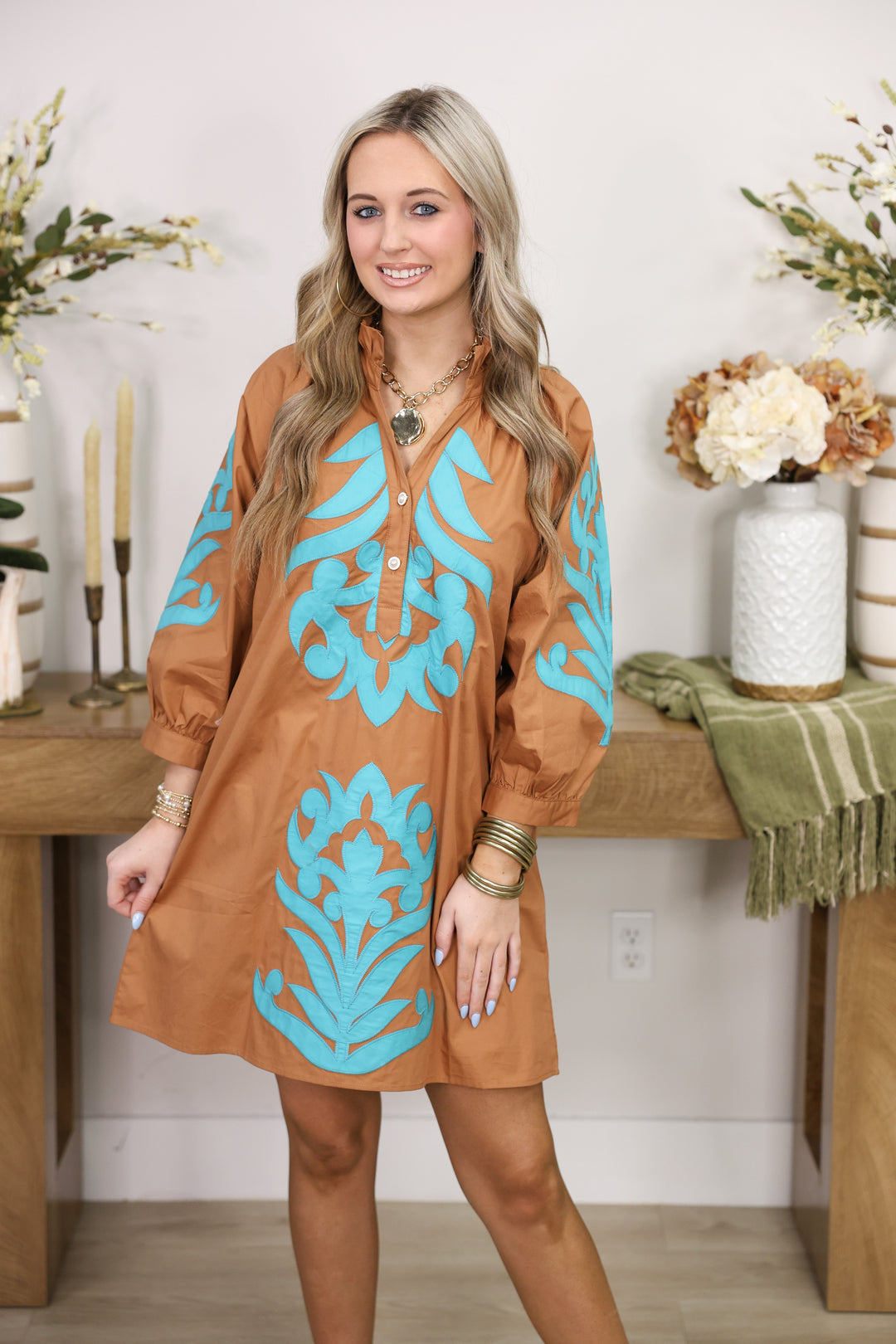 3/4 Sleeve Baroque Applique Detail Shift Dress "Toffee/Turquoise"
