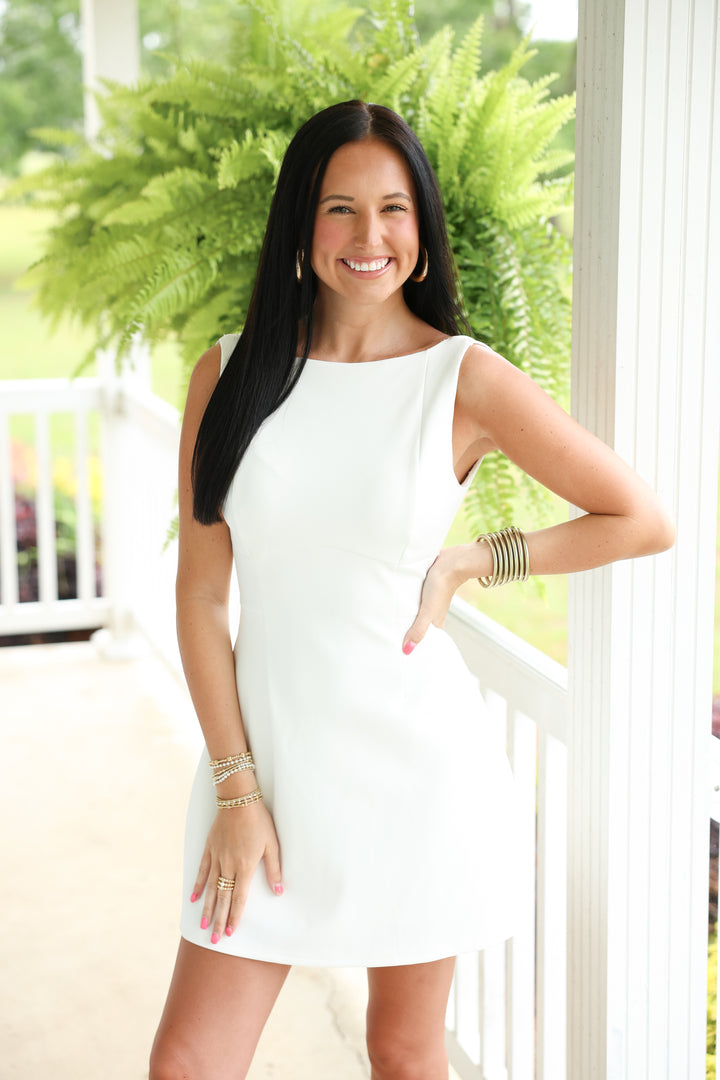Backless Detail Boat Neck Sleeveless Mini Dress "White"