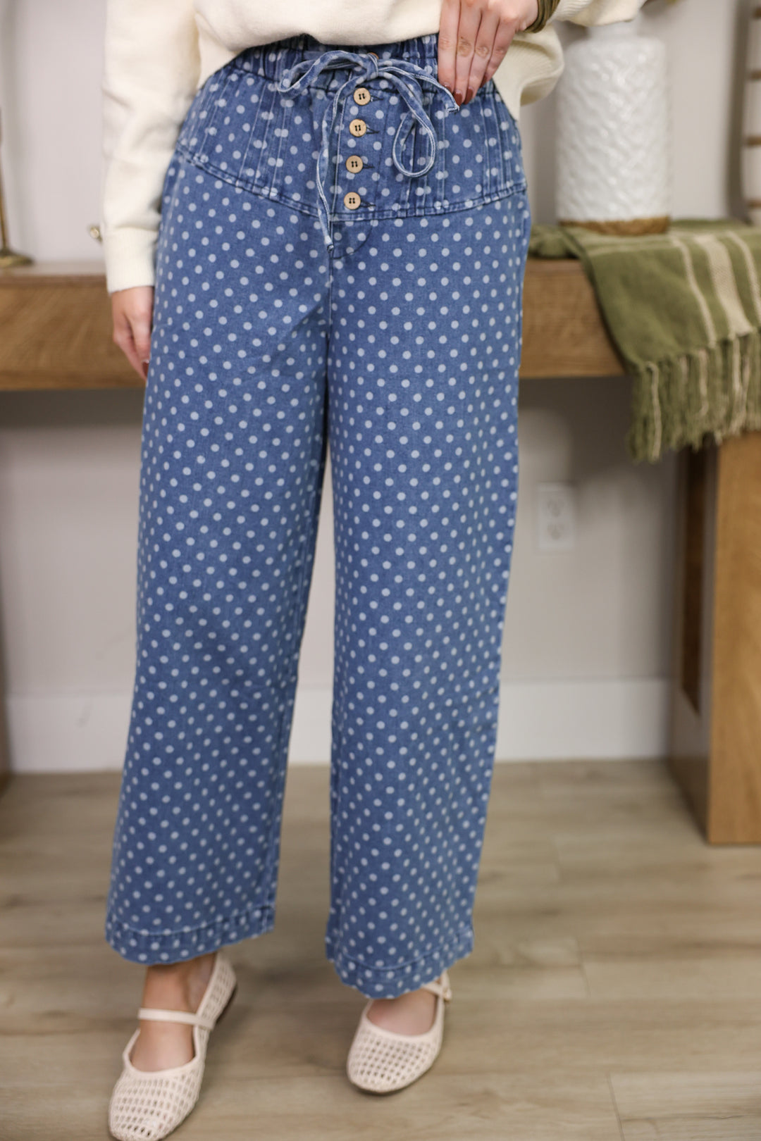 Front Button Up Wide Leg Polka Dot Pants "Denim"