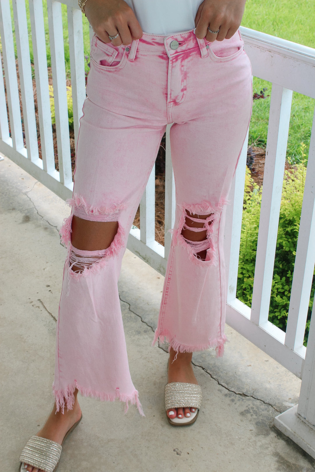 Kellie High Rise Crop Distressed Pants "Acid Pink"