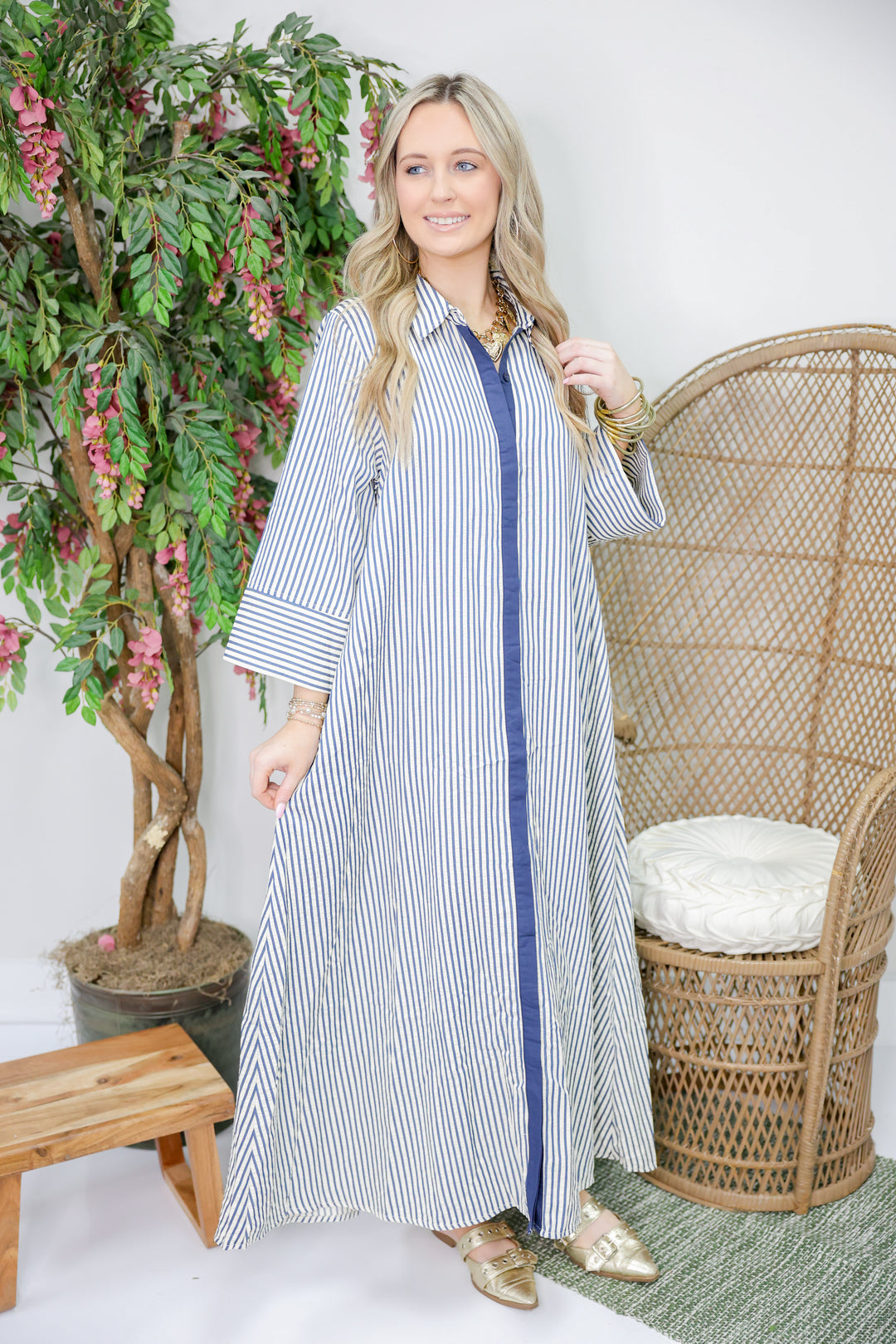 Sarah Striped 3/4 Sleeve Midi Dress "Indigo"