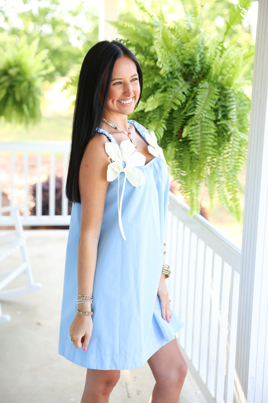 Poplin Mini Dress W/ Contrast Flower Applique "Blue/Cream"