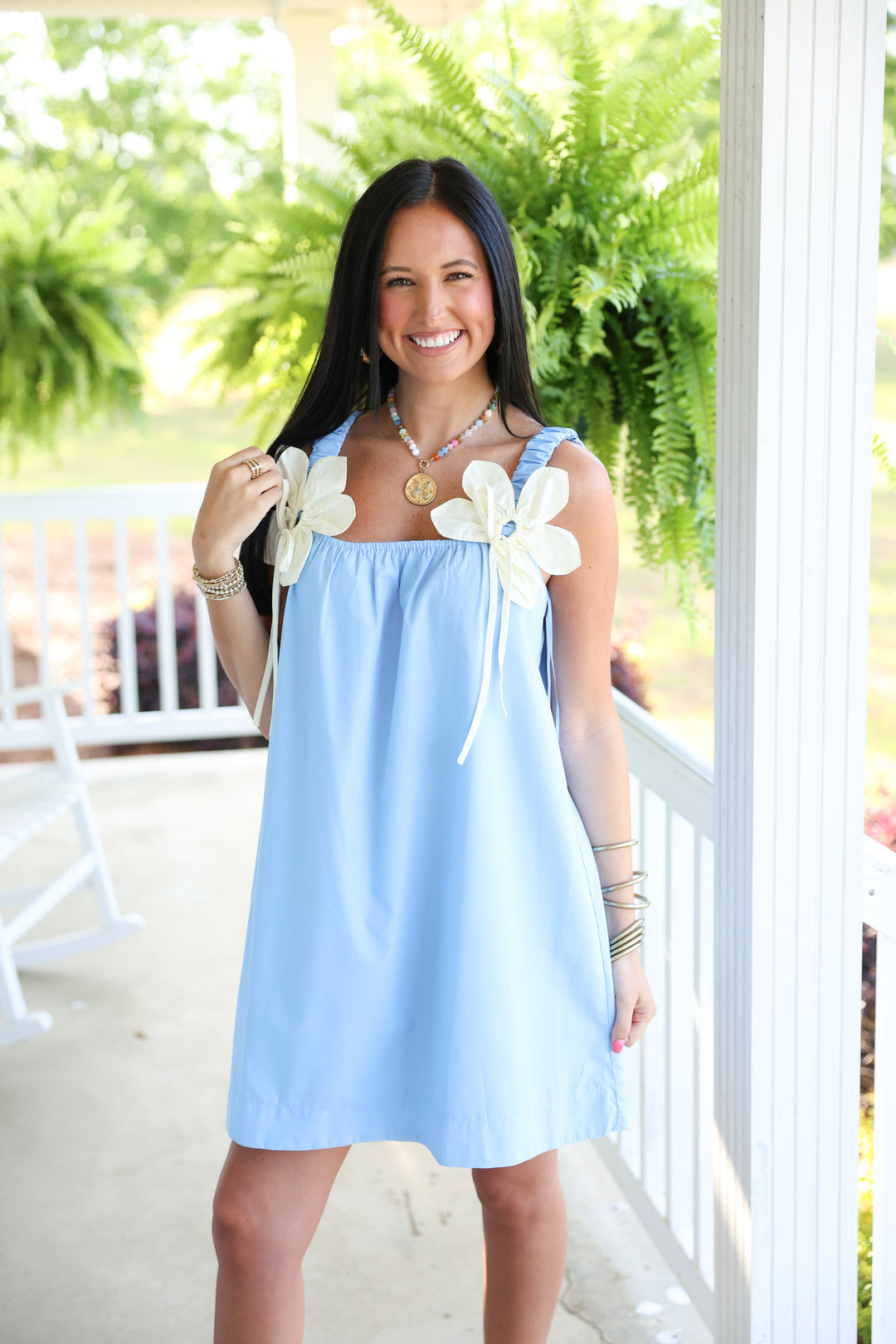 Poplin Mini Dress W/ Contrast Flower Applique "Blue/Cream"