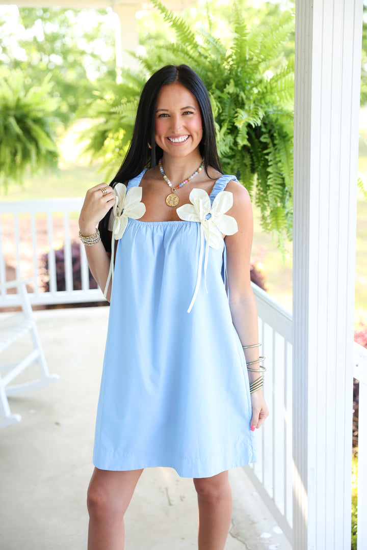 Poplin Mini Dress W/ Contrast Flower Applique "Blue/Cream"