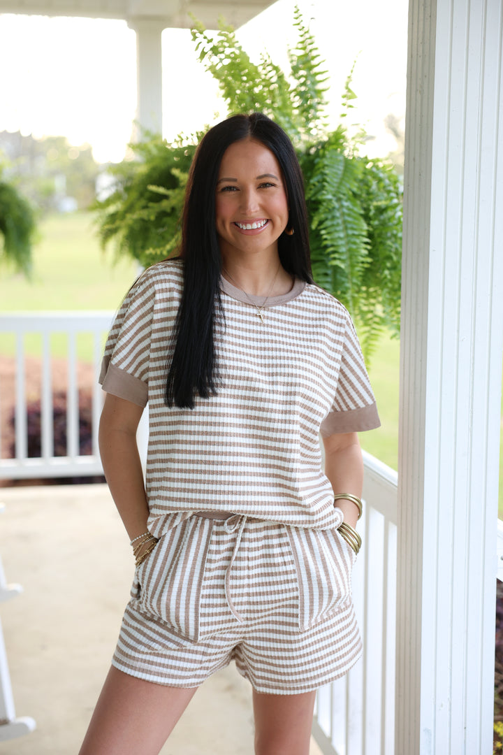 Striped Comfy Knit Top & Short Set "White/Oatmeal"