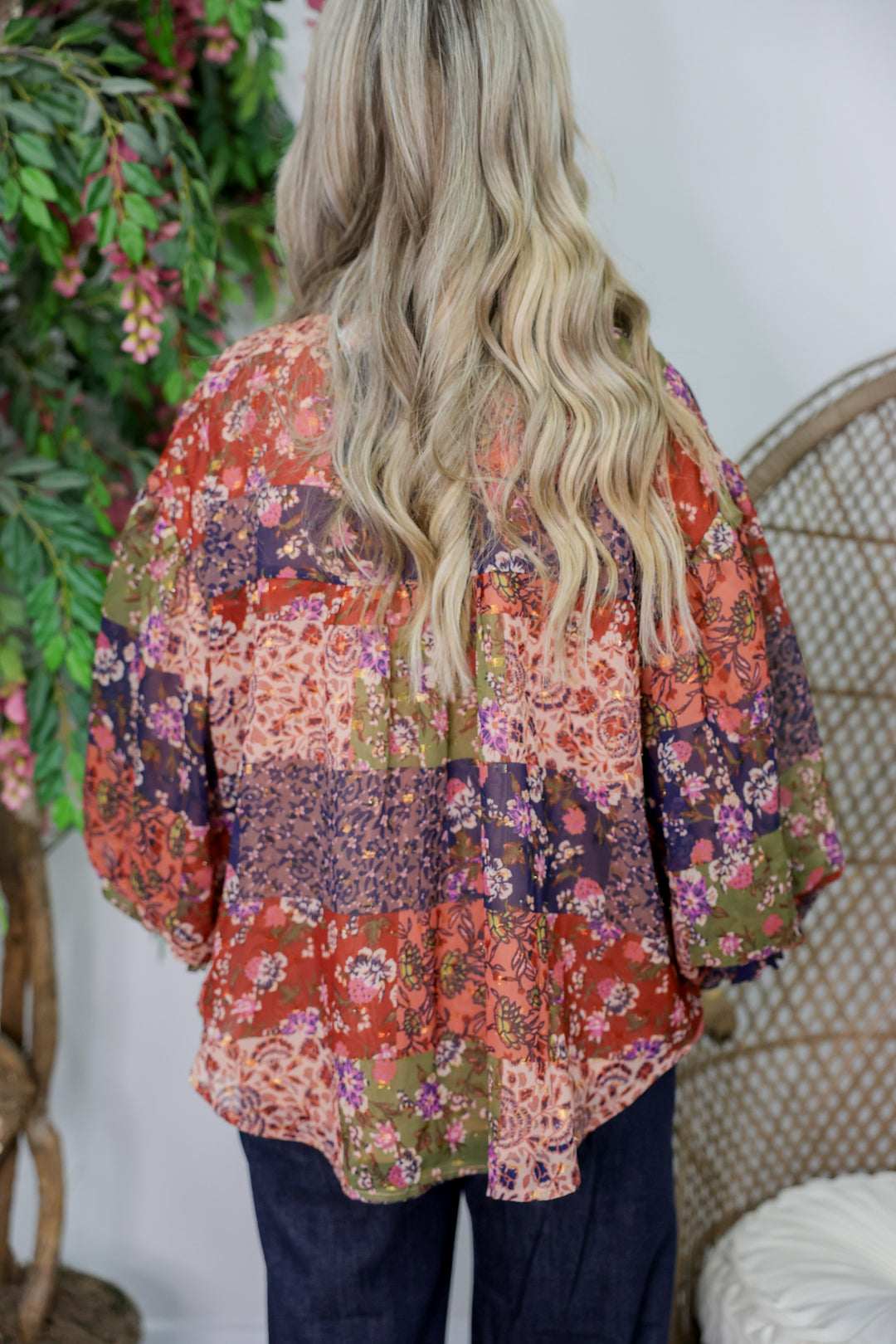 Front Button Closure Ruffled v-Neckline Blouse "Multi"