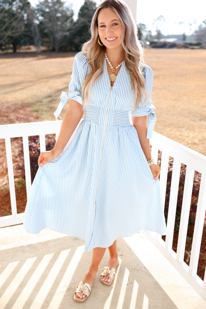 Giddy Gracious Striped Zipper Dress "Blue"