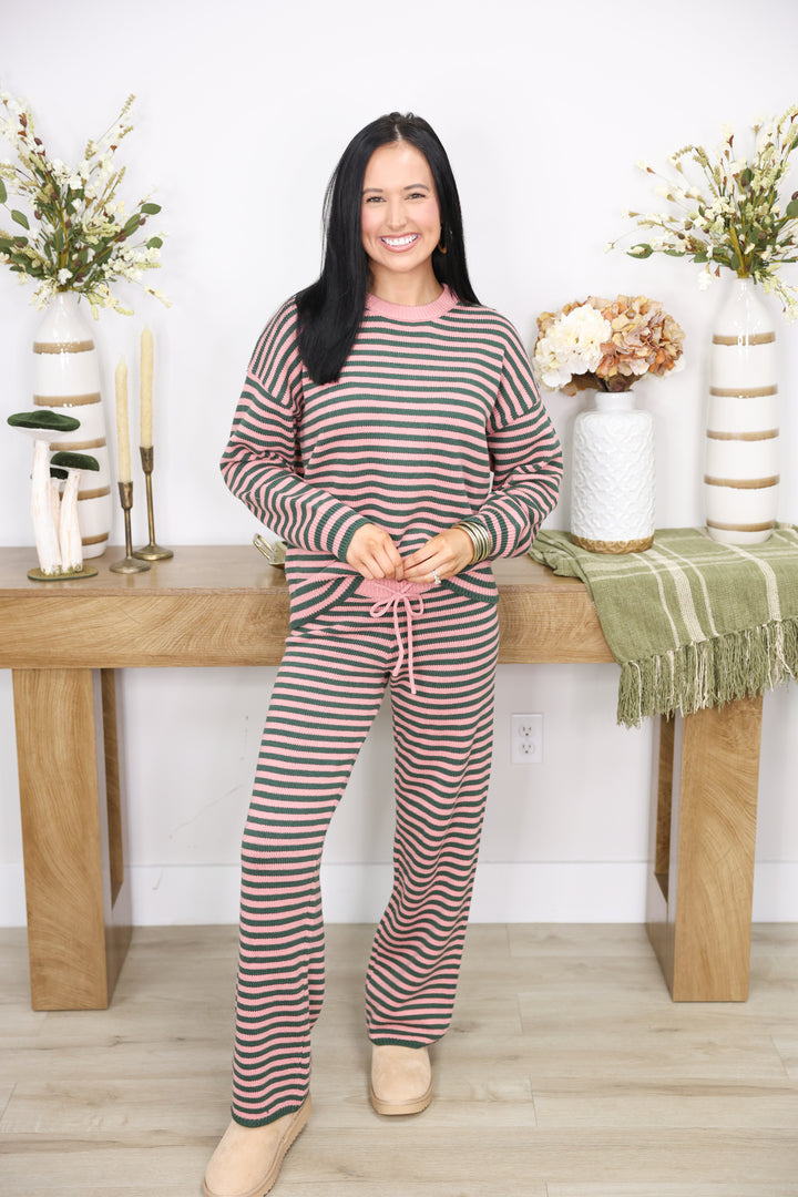 Long sleeve Crew Neck Stripe Sweater & Wide Leg Pants "Green/Pink"