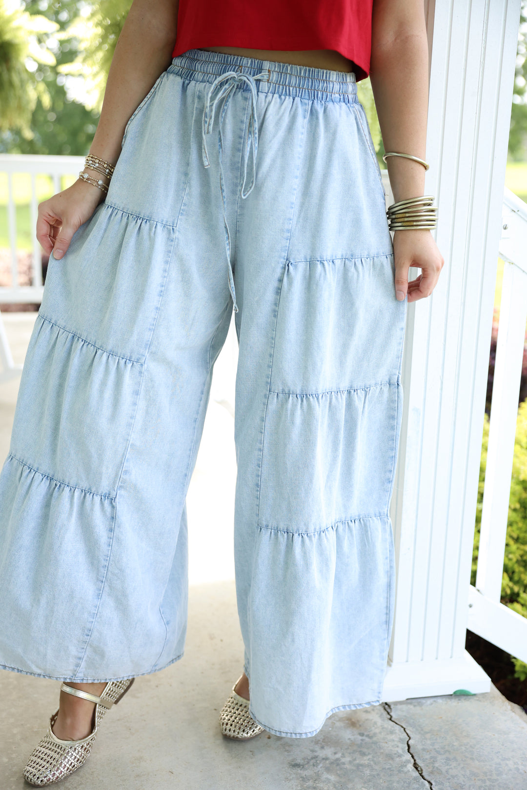 Tiered Layers Mineral Washed Chambray Pants "LT Indigo"