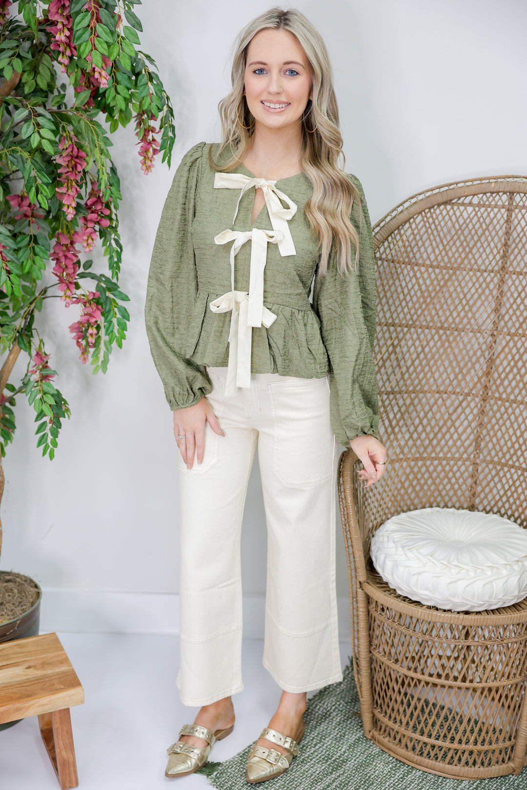 Bubble Bow Blouse "Dusty Olive"