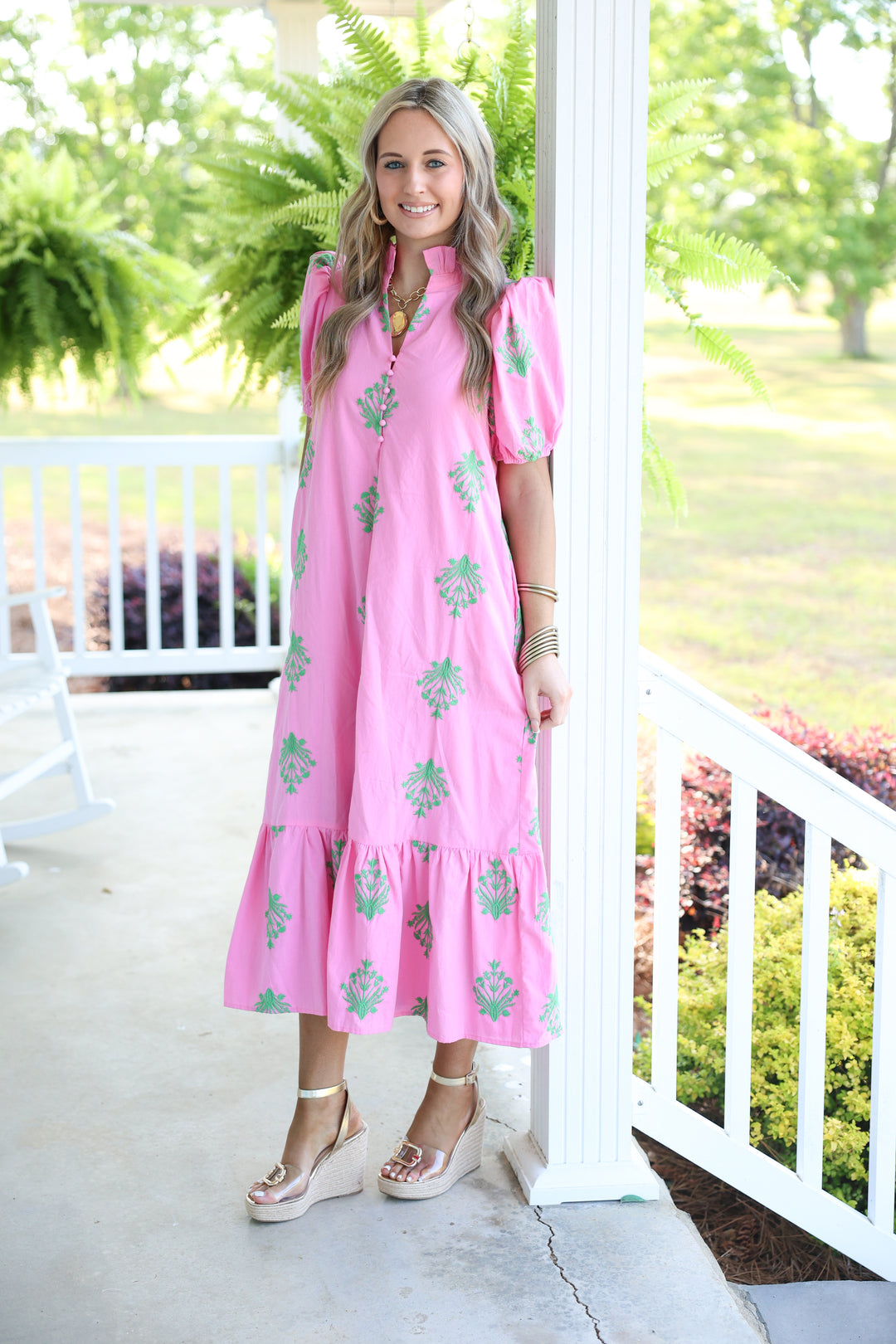 Botanical Embroidery Short Puff Sleeve Midi Dress "Pink"