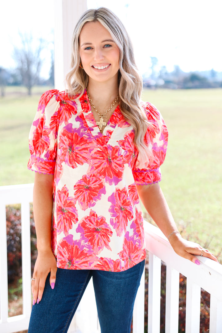 Twirl in Floral Top "Red/Pink"