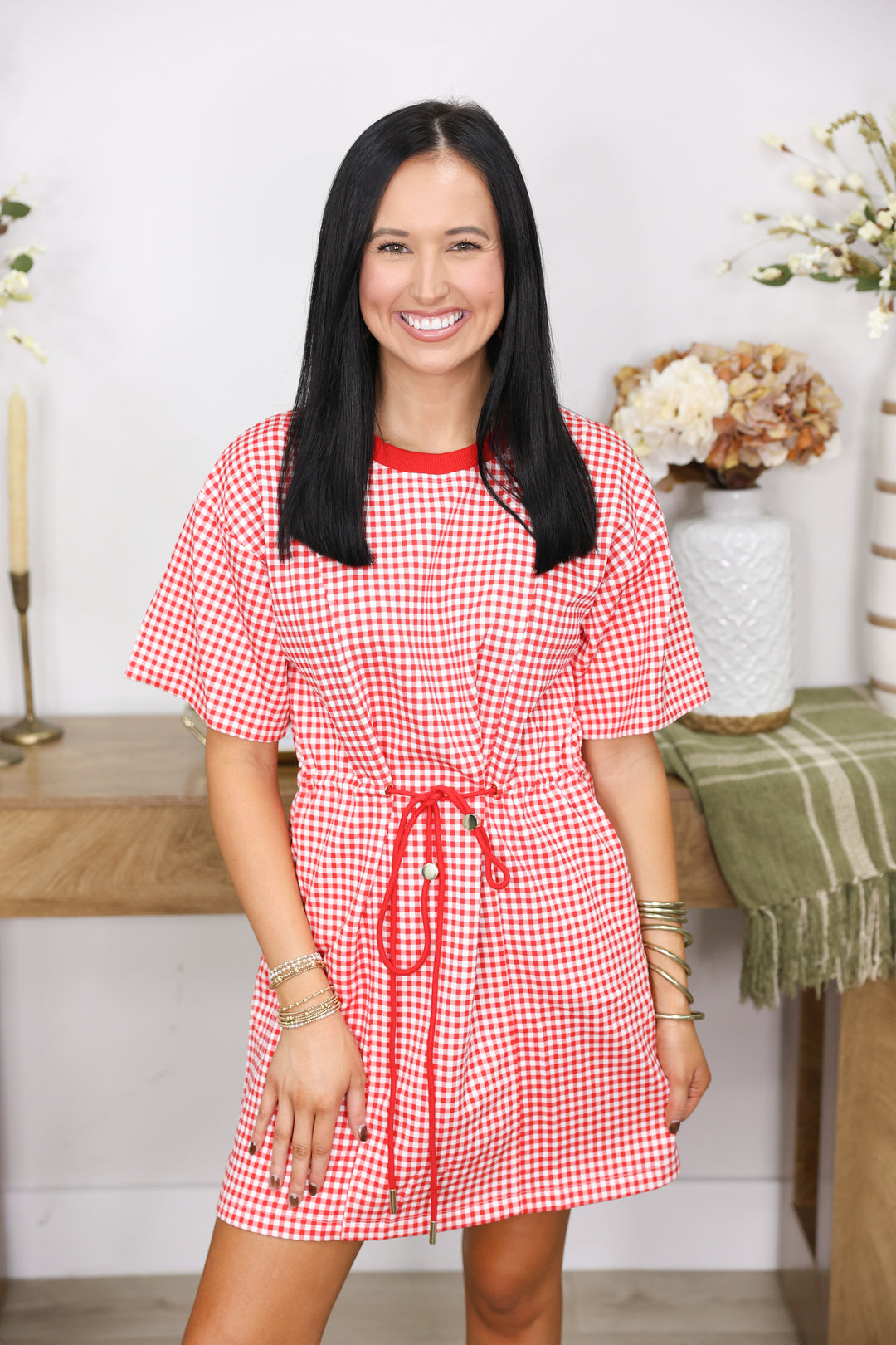 Gingham Drawstring Waist Mini Dress "Red"