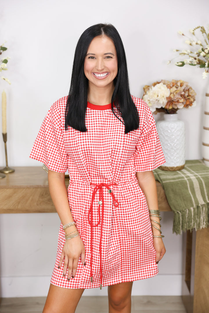 Gingham Drawstring Waist Mini Dress "Red"